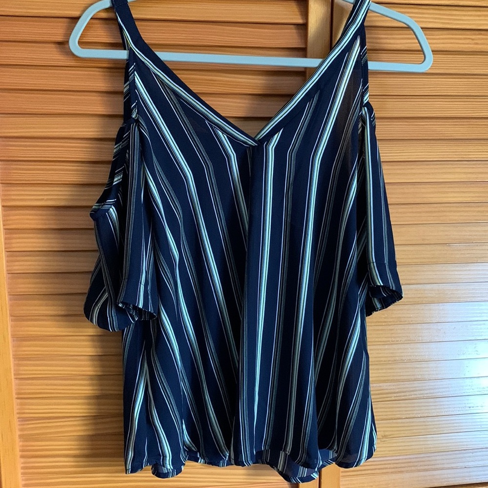 Navy blue, white, and yellow stripped, off the shoulder shirt, size small